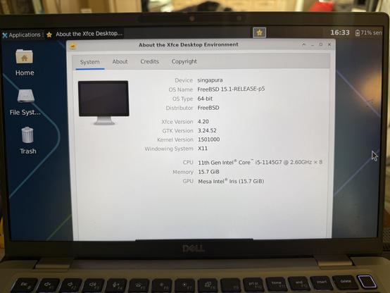 A Dell laptop showing the “About the Xfce desktop environment” showing the machine is called “singapura” and is running FreeBSD 15.1-RELEASE-p5