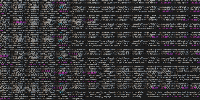 Lots of JSON log messages about anubis issuing challenges to various IP addresses